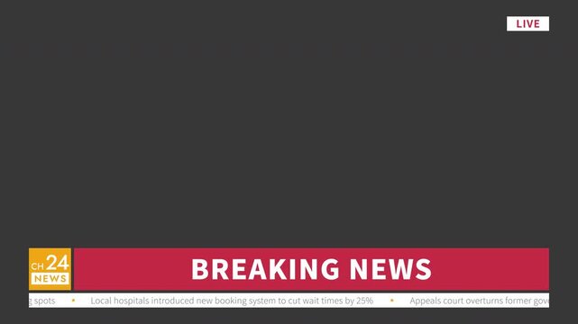 Breaking news lower third graphic, 4K loopable, ProRes 4444 with alpha channel, transparent background, fictional news channel, neutral content ticker with Live icon, simplicity and minimalism design