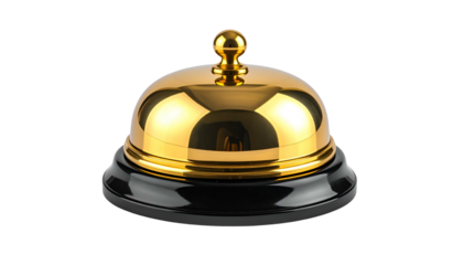 A shiny, golden desk bell on a black base, isolated on a black background