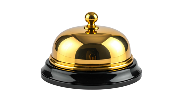 A shiny, golden desk bell on a black base, isolated on a black background - Powered by Adobe