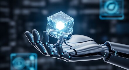 Robotic Hand Holding Glowing Digital Data Cube Representing Artificial Intelligence, Big Data, and Future Technology