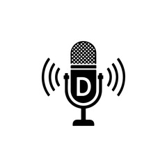 Black and White Microphone Icon with Letter D and Sound Waves.