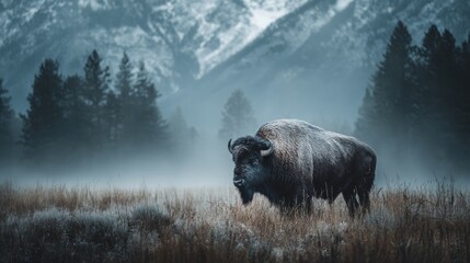 Majestic bison stands in a misty meadow with mountains in the background