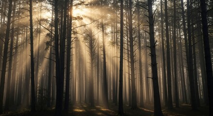 Fototapeta premium Sunbeams shining through a misty forest at sunrise. Golden light rays filtering through tall pine trees in the woods. Nature and wilderness landscape