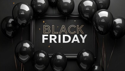 Elegant Black Friday Promotion with Balloons and Frame on a Dark Background Minimalist Design