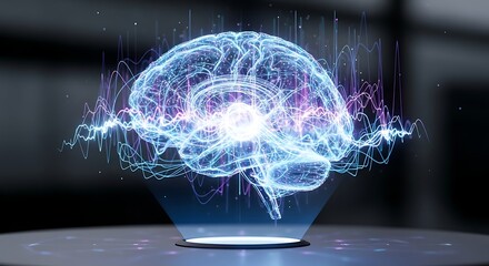 Holographic 3D human brain with glowing neural network and data waves, symbolizing artificial intelligence and advanced technology concepts.