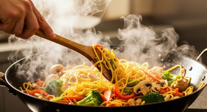 Person cooking a steaming hot noodle stir-fry in a wok. Close-up of fresh vegetables being mixed with a wooden spatula. Healthy Asian cuisine concept