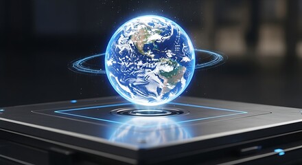 Holographic Earth Globe on Futuristic Technology Platform with Blue Glowing Elements