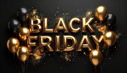 Elegant Black Friday Promotion with Gold Balloons and Glitter on a Black Background