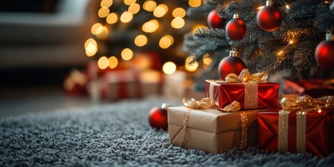 Festive christmas celebration with gifts under tree cozy living room photo warm ambiance close-up view holiday spirit