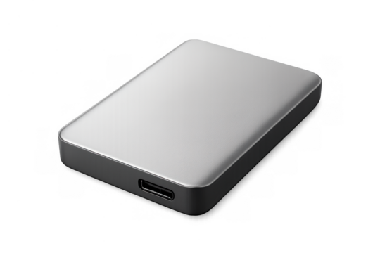 Portable solid state drive with usb-c connection providing secure digital data storage and backup on transparent background