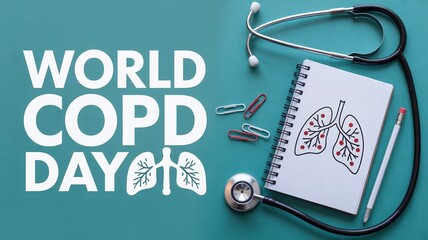 World COPD Day: Medical Concept with Stethoscope and Notebook Showing Lungs Illustration on a Teal Background for Health Awareness