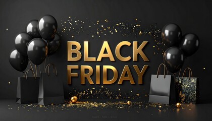 Elegant Black Friday Promotional Image with Golden Text and Festive Decorations
