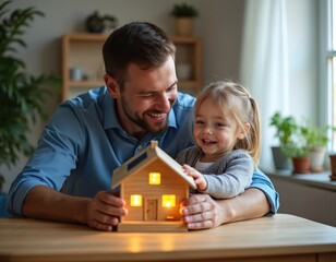 Happy dad holds little girl showing wooden house model with lights. Father smiles at daughter. They discuss home design energy and sustainable living.