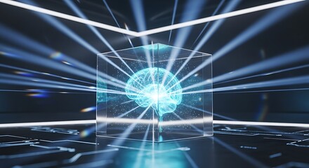 Digital brain inside clear glass cube with glowing blue light rays in a dark futuristic room, representing artificial intelligence and advanced technology.