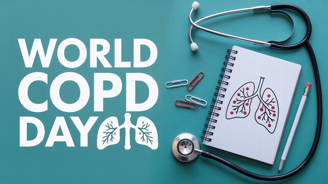 World COPD Day: Medical Concept with Stethoscope and Notebook Showing Lungs Illustration on a Teal Background for Health Awareness