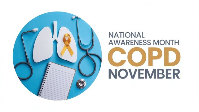 National COPD Awareness Month in November: Medical Graphic with Lungs Icon, Stethoscope, and Yellow Ribbon Symbol on a Blue Background