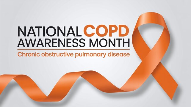 National COPD Awareness Month Banner with Long Flowing Orange Ribbon and Chronic Obstructive Pulmonary Disease Text on Gradient Background