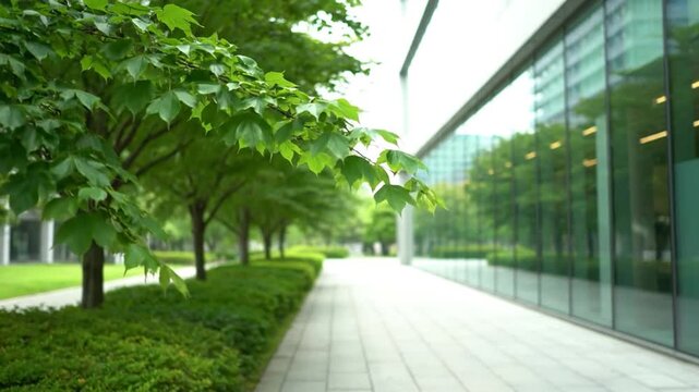 Trees and lush foliage flank a modern building with reflective glass. Sidewalk is in the foreground