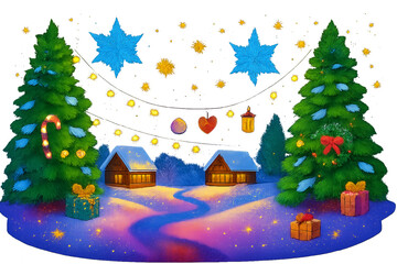 Festive winter holiday scene with decorated Christmas trees, snowy houses, and glowing stars—transparent background for seasonal design and celebration projects