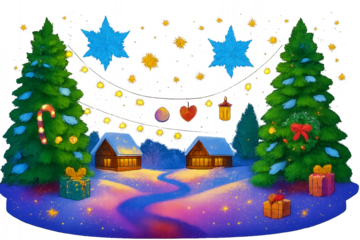 Festive winter holiday scene with decorated Christmas trees, snowy houses, and glowing stars—transparent background for seasonal design and celebration projects