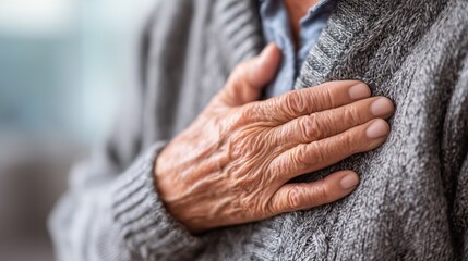 Fototapeta premium Medical health and lifestyle concept. Focus shot of elderly patient's hands holding chest, showing chest pain.