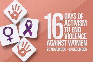 16 Days of Activism to End Violence Against Women Campaign Graphic: Icons for Handprint, Female Symbol, and Purple Ribbon on Pink Background