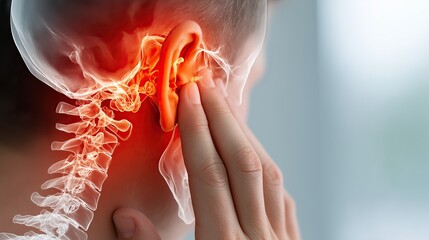 Medical health and lifestyle concept. Focus shot of patient's hand holding ear, showing ear pain. See-through or X-ray image showing in the body.