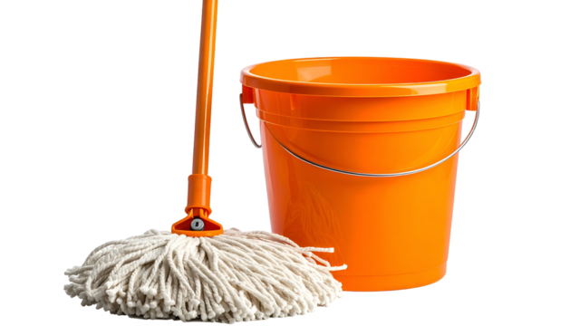 Orange cleaning bucket and mop against a black backdrop. Brightly lit household essentials