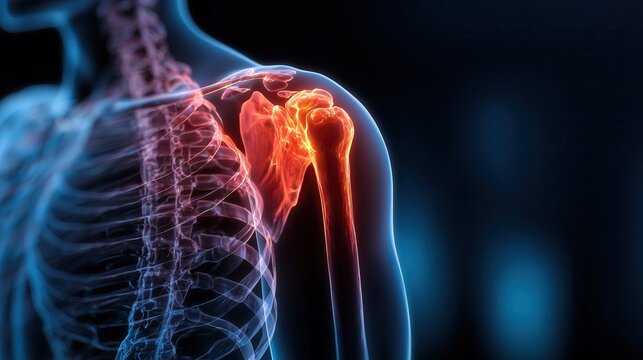 Medical health and lifestyle concept. Focused image of shoulder showing shoulder pain. See-through image or X-ray showing bones in the body.