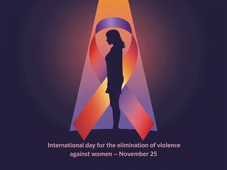 International Day for Elimination of Violence against Women: Female Silhouette Standing within a Large Purple and Orange Awareness Ribbon Spotlight