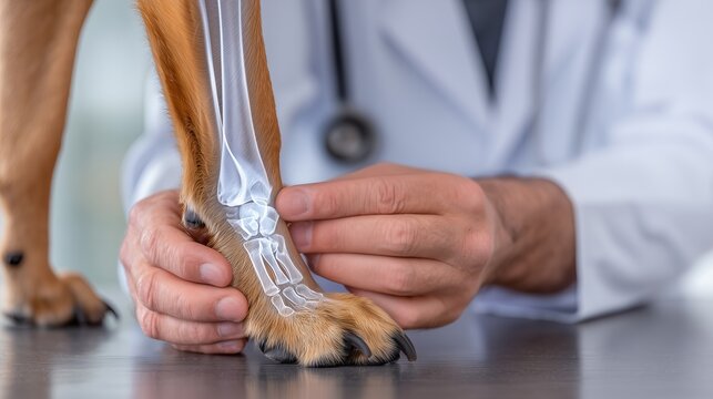 Medical health and lifestyle concept. Focused shot of veterinarian's hands holding dog's ankle, showing ankle pain or fracture. See-through or x-ray image showing internal