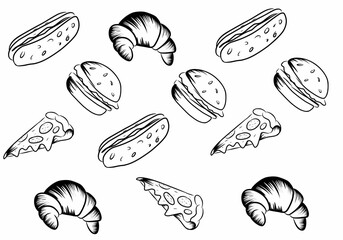 Set of cute food doodle elements vector. Hand drawn doodle collection of pizza, donut, sandwich, bread. Design for print, cartoon, wallpaper, restaurant, cafe, sticker.