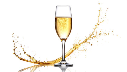 Elegant champagne glass filled with golden bubbles, isolated on a white background. A symbol of celebration and sophistication in minimal form