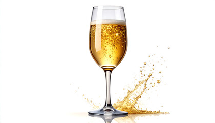 Elegant champagne glass filled with golden bubbles, isolated on a white background. A symbol of celebration and sophistication in minimal form