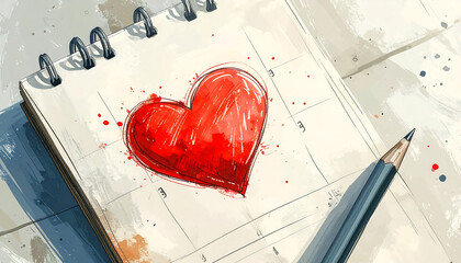 Minimal calendar page with a red heart drawn on a marked date. A clean concept representing love, anticipation, or special occasions