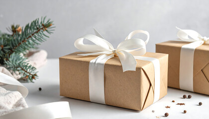Simple kraft paper gift box wrapped with a white ribbon. Minimal natural holiday aesthetic with a neutral background