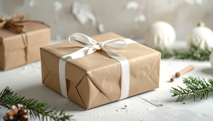 Simple kraft paper gift box wrapped with a white ribbon. Minimal natural holiday aesthetic with a neutral background