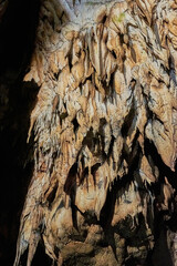 Vadu Crisului Cave in Bihor, Romania, features impressive limestone formations. Stalactites hang from the ceiling, while stalagmites rise from the floor, some meeting to form columns