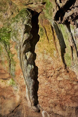 Vadu Crisului Cave in Bihor, Romania, features impressive limestone formations. Stalactites hang from the ceiling, while stalagmites rise from the floor, some meeting to form columns