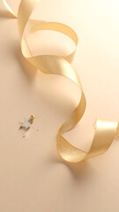 Luxurious golden ribbon elegantly curled on a soft pastel background. A perfect minimalistic holiday scene symbolizing warmth and celebration