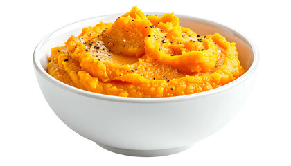 Bright orange, textured mash in a white bowl, sprinkled with black pepper