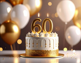 A white and gold cake with number 60 candles is surrounded by festive balloons, celebrating a 60th anniversary or birthday.