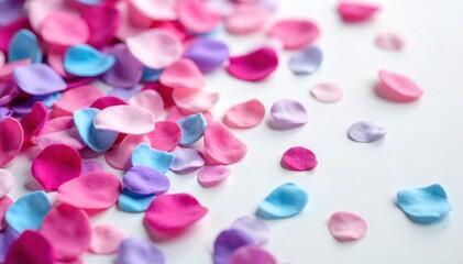 Overhead view of wedding confetti and petals scattered on a clean white surface. An overhead, flat lay view of a vibrant mix of colorful wedding confetti and delicate, pastel colored flower petals