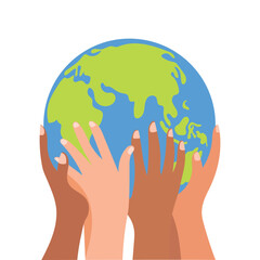 Diverse hands holding planet Earth vector illustration, global unity and environment protection concept, flat design for sustainability and world care.