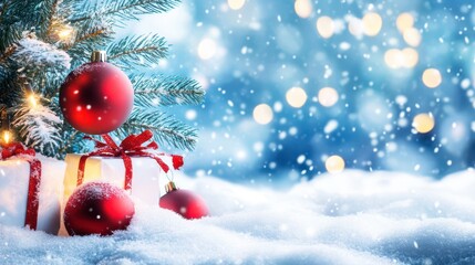 Festive Christmas Scene: Embellished Christmas tree with ornaments, surrounded by beautifully wrapped gifts on snow, evoking the warmth and magic of the season.