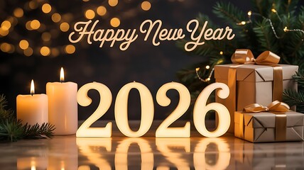 2026 Happy New Year Warm Candlelight Celebration With Gift Boxes Cozy Festive Decor And Holiday Ambience For Peaceful Winter Evenings