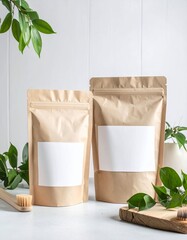 Kraft pouch mockups with eco-friendly items.