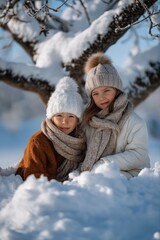 Fototapeta premium Two caucasian girls in winter clothes sitting in snow under tree