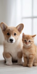 Obraz premium Cute corgi puppy and ginger kitten in bright room