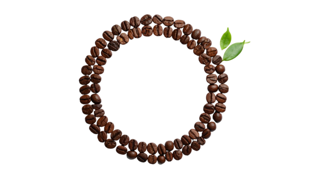 A circular frame of roasted beans, accented by fresh leaves, against a black background